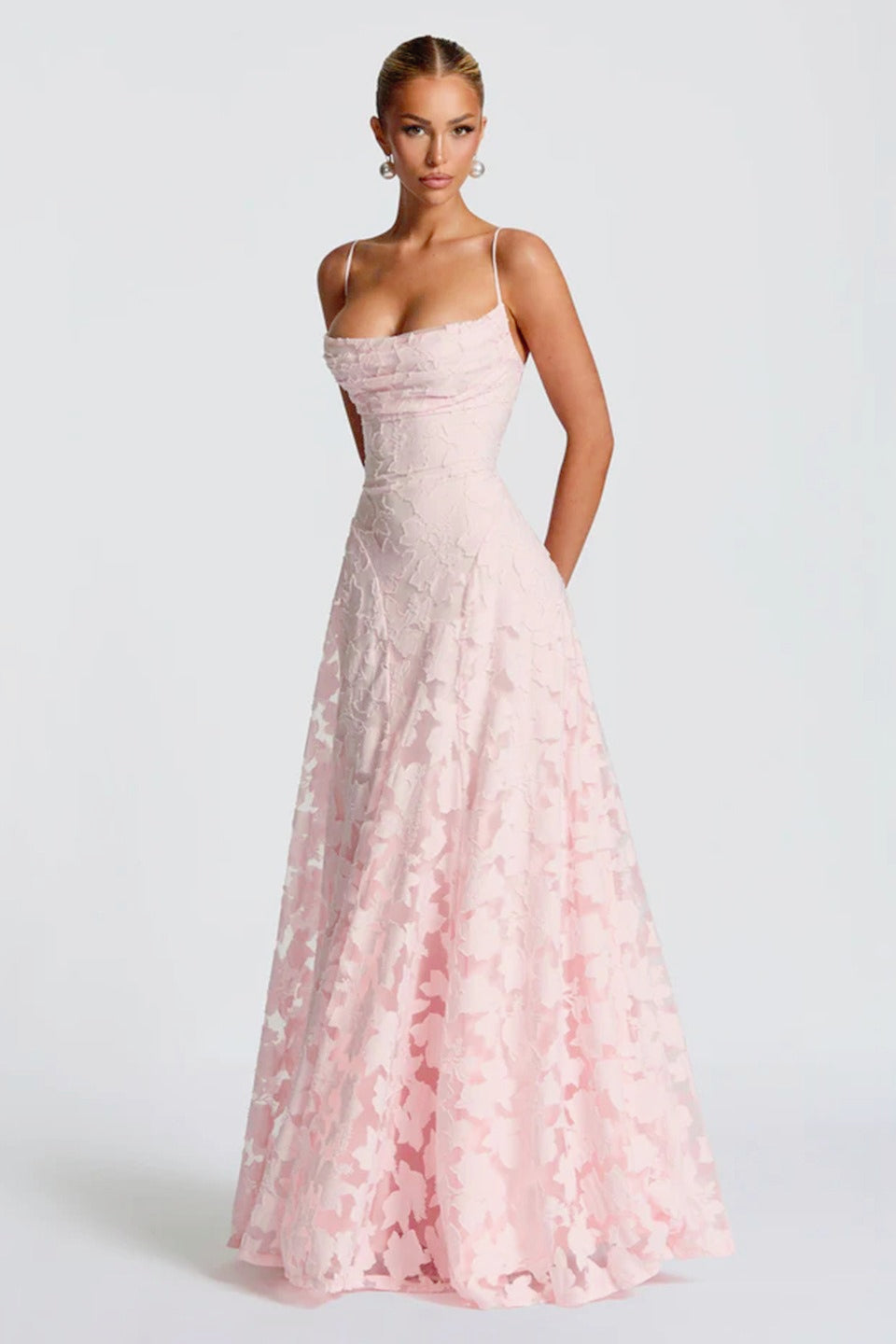 3D Floral Lace Applique Square Neck Spaghetti Strap A-Line Maxi Gown 6