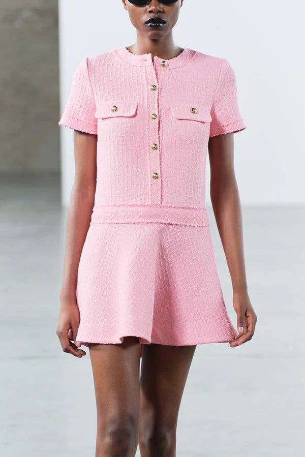 Metal Button Short Sleeve Round Neck Tweed Fit-and-Flare Mini Dress 10