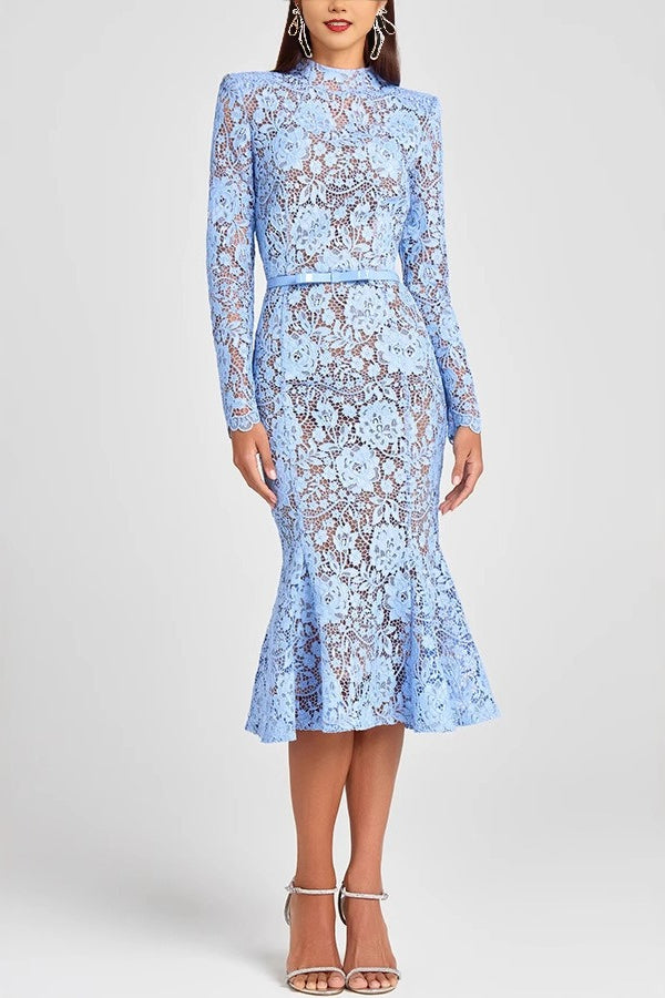 Lace Mock Neck Long Sleeve Belted Mermaid Trumpet Midi Dress 3