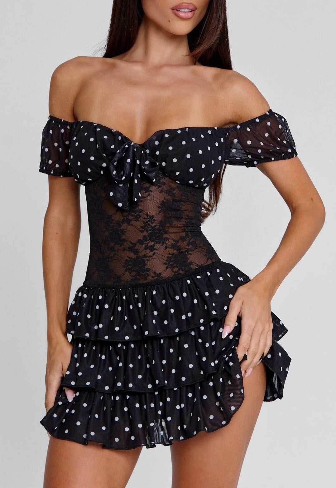Black Off Shoulder Tie Front Lace Panel Tiered Polka Dot Mini Dress 2