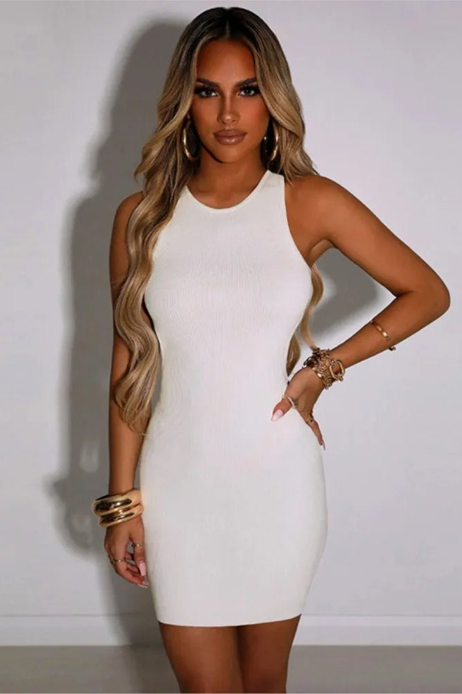 Ribbed Knit Crew Neck Sleeveless Open Back Bodycon Mini Dress 8