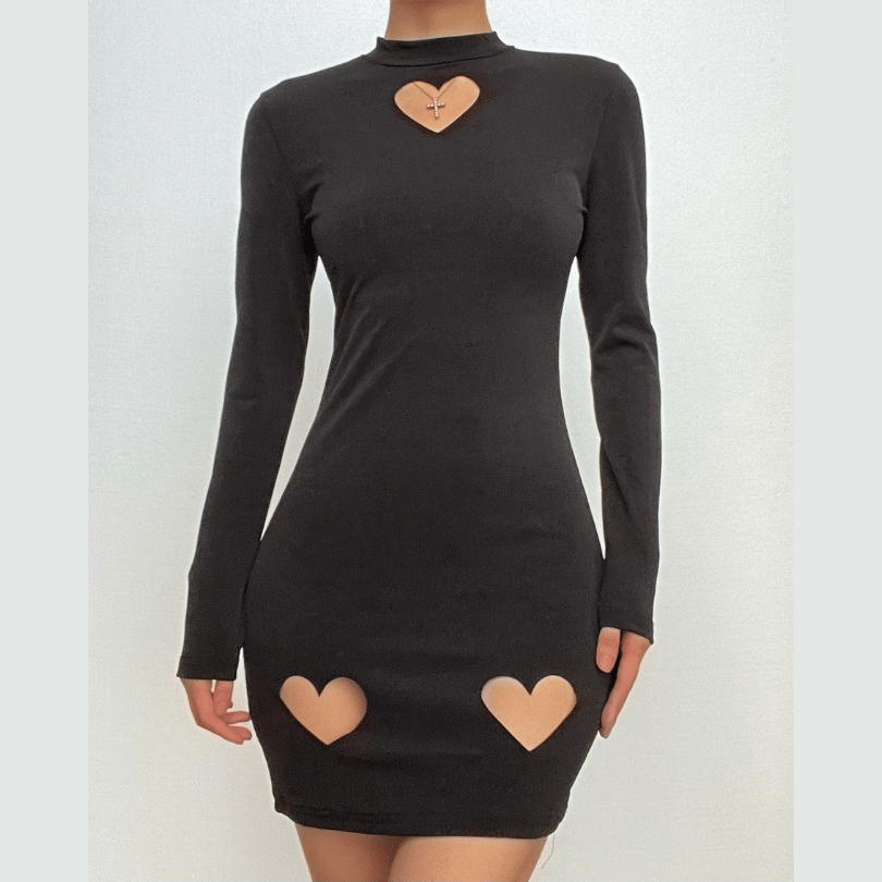 Mock Neck Long Sleeve Heart Cutout Bodycon Mini Dress