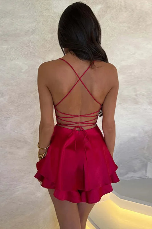 Satin Cowl Neck Spaghetti Strap Tiered Ruffle Hem Mini Dress 6