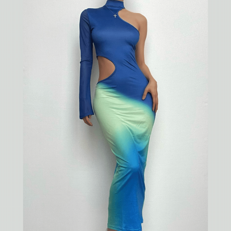 Mock Neck One-Sleeve Mesh Side Cutout Ombre Bodycon Maxi Dress