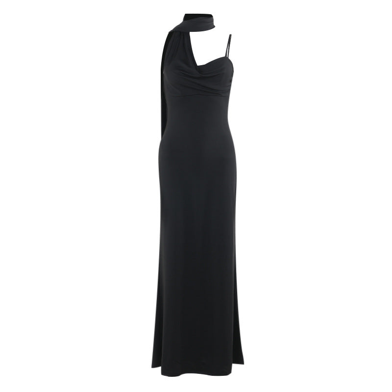 Cowl Neck Spaghetti Strap Mermaid Column Maxi Gown With Neck Scarf 7