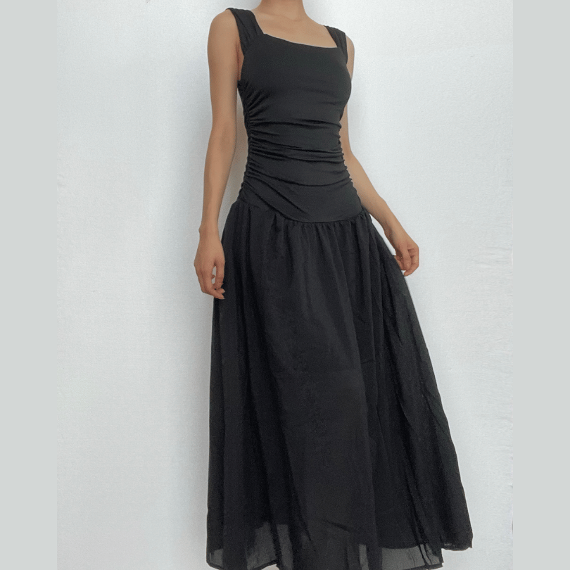Square Neck Wide Strap Ruched Bodice Dropped Waist Gathered Maxi Dress