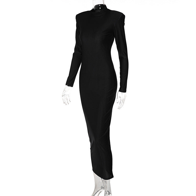 Mock Neck Padded Shoulder Bodycon Long Sleeve Maxi Dress 7
