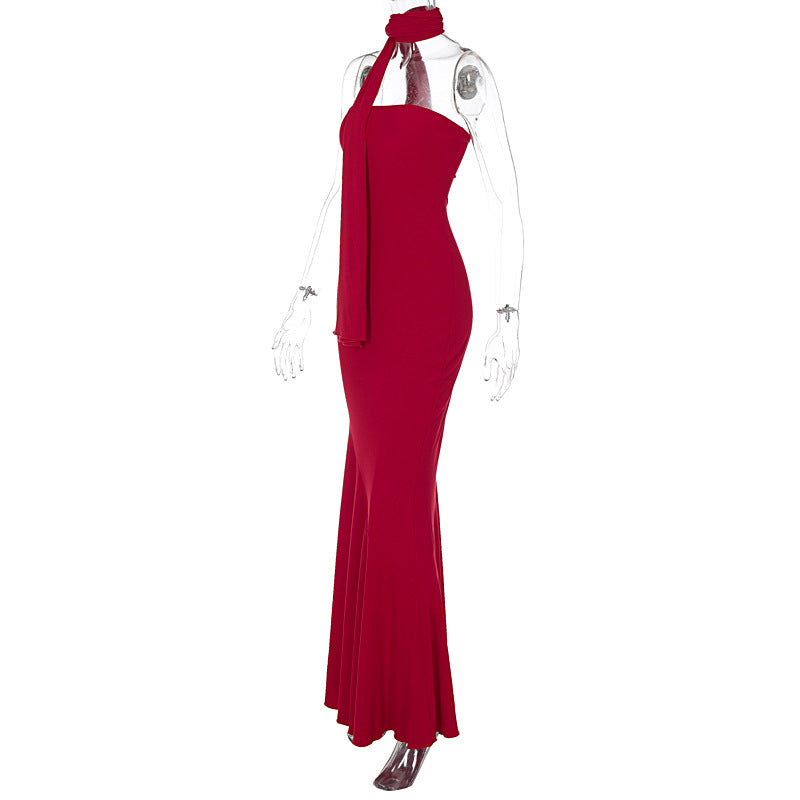 Strapless Ribbed Texture Trumpet Mermaid Matching Scarf Maxi Gown 10
