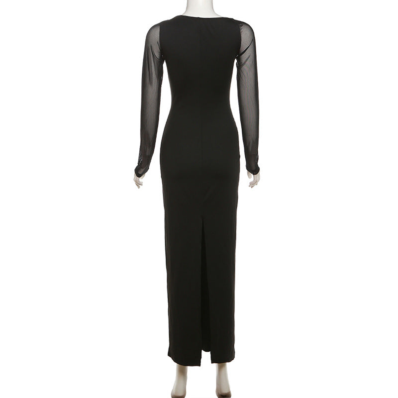 Long Sleeve Deep V-Neck Asymmetrical Mesh Cutout Waist Column Maxi Dress 9