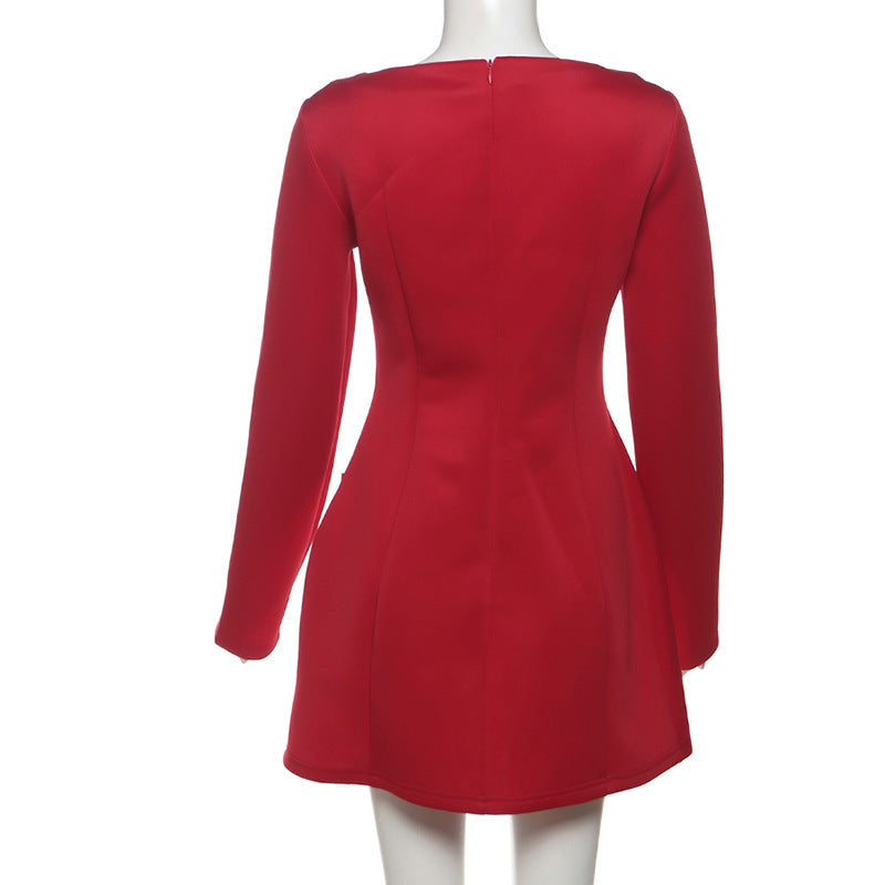 Long Sleeve Bow Pocket Structured A-Line Mini Dress 7