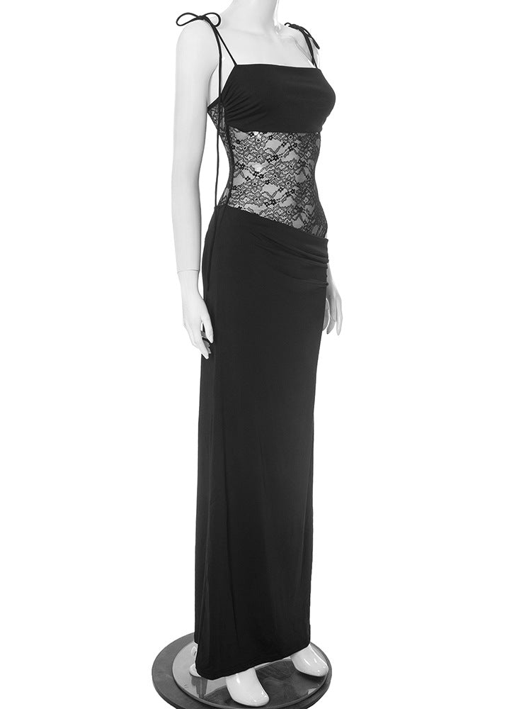 Spaghetti Strap Floral Lace Midriff Panel Column Maxi Dress 7