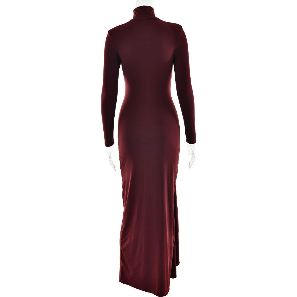 Mock Neck Long Sleeve Hip Knot Draped Panel Column Maxi Dress 7