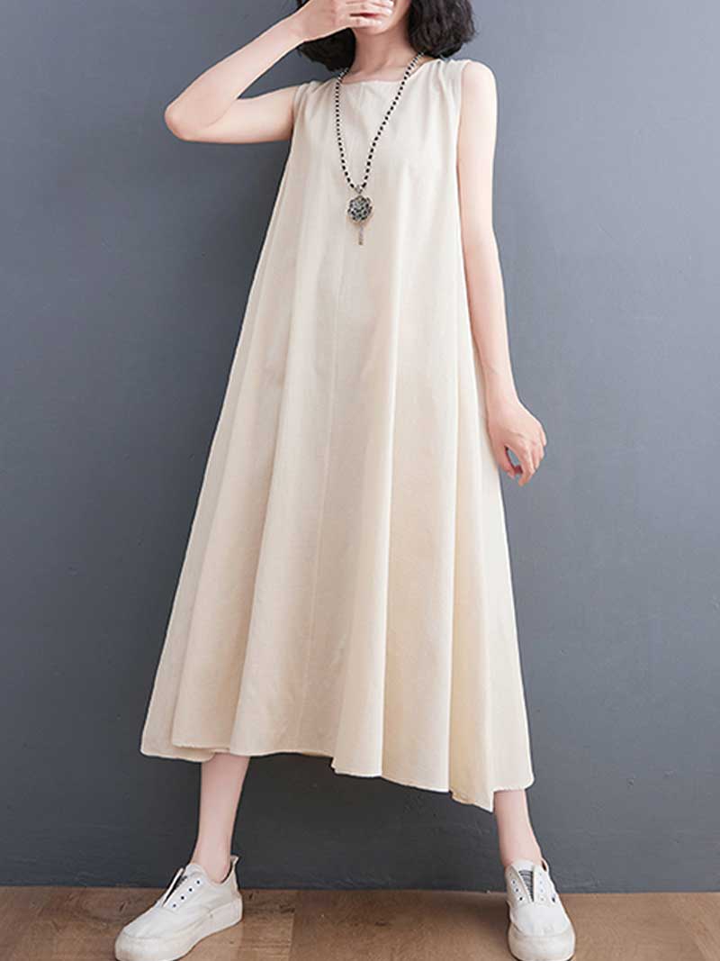 Round Neck Sleeveless Side Pocket Loose A Line Maxi Dress 5