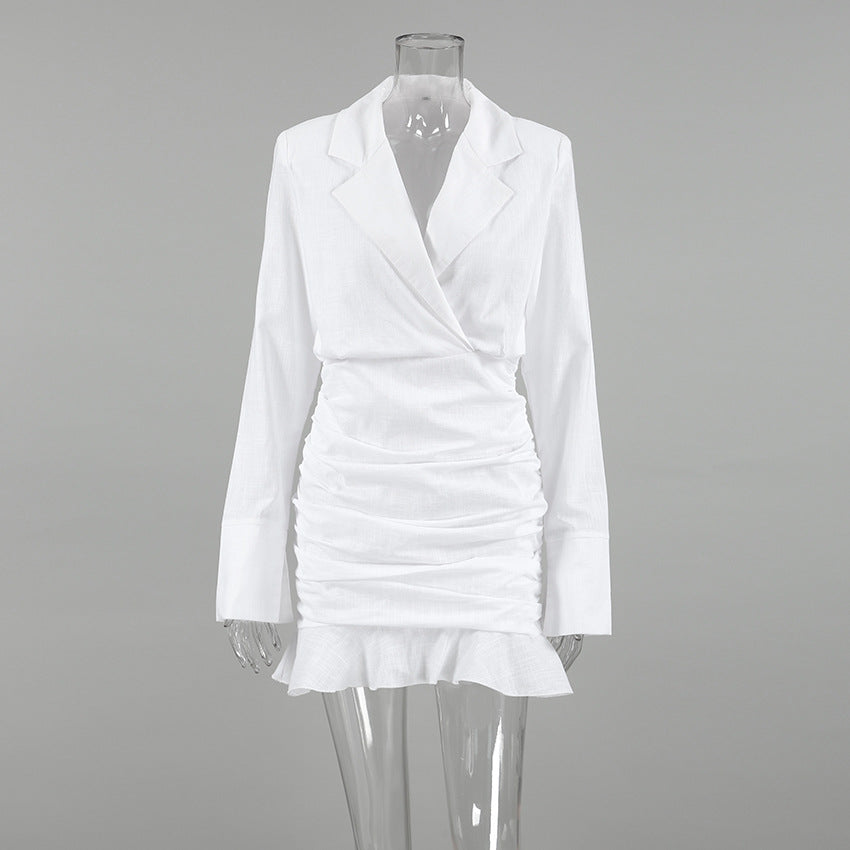Deep V Notched Lapel Long Sleeve Ruched Blazer Mini Dress 7