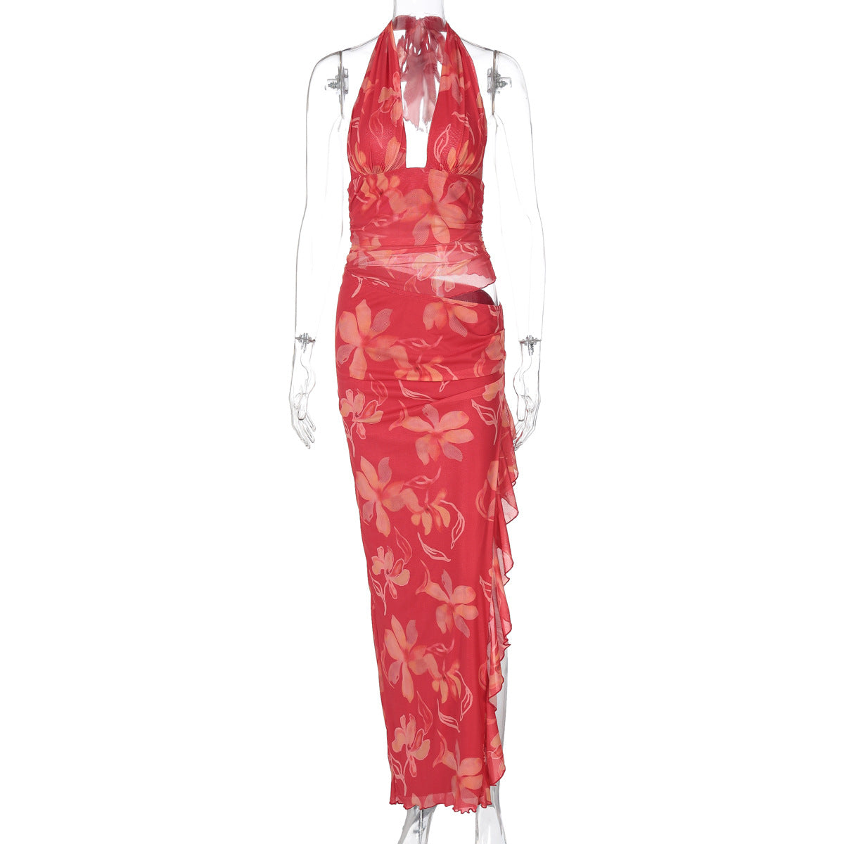 Halter Plunging V Neck Floral Ruched Ruffle Side Slit Maxi Set 7
