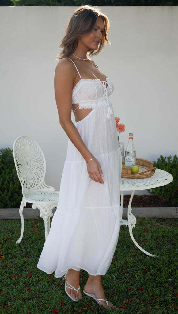 Spaghetti Strap Smocked Tie Tassel Side Cutout Tiered Crinkle Maxi Dress 6