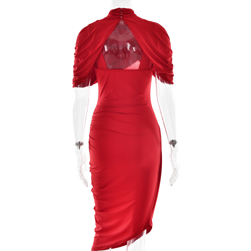Mock Neck Draped Shoulder Ruched Asymmetrical Midi Dress 7