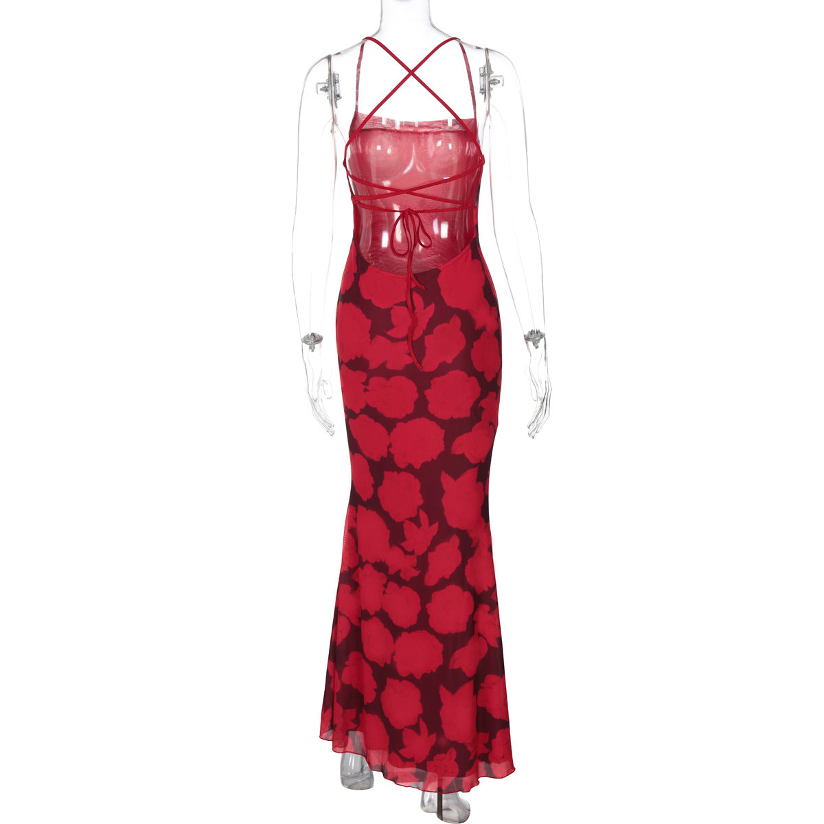 Square Neck Spaghetti Strap Floral Mesh Midi Dress 7