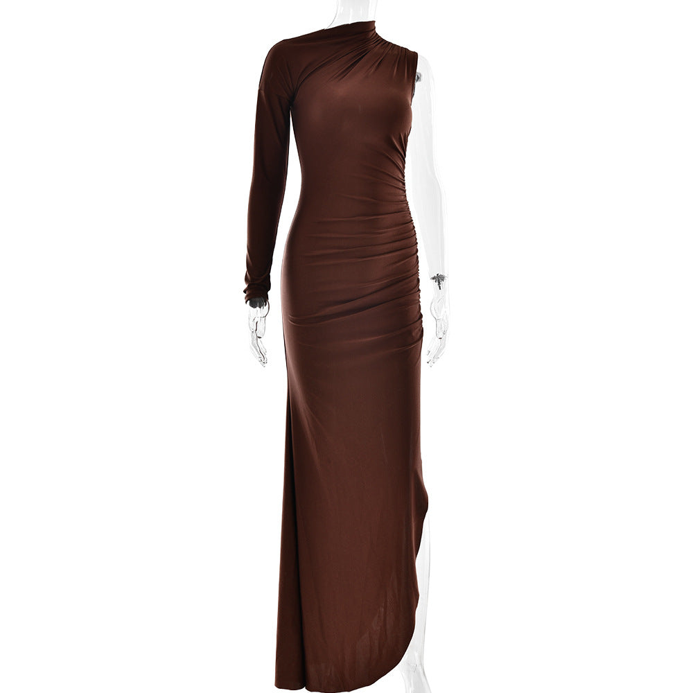 One Sleeve Mock Neck Ruched High Slit Jersey Maxi Dress 7
