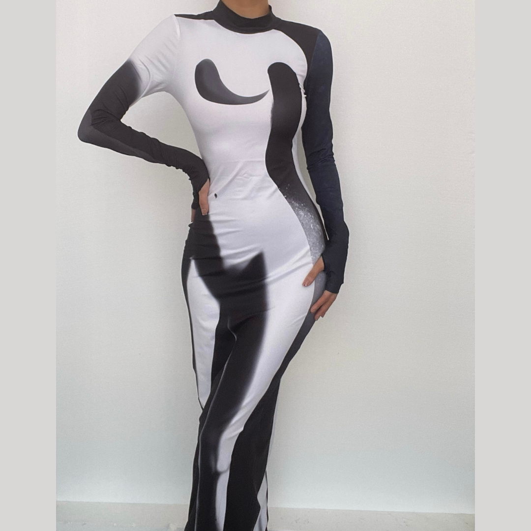 Mock Neck Long Sleeve Shadow Illusion Thumbhole Bodycon Maxi Dress 2