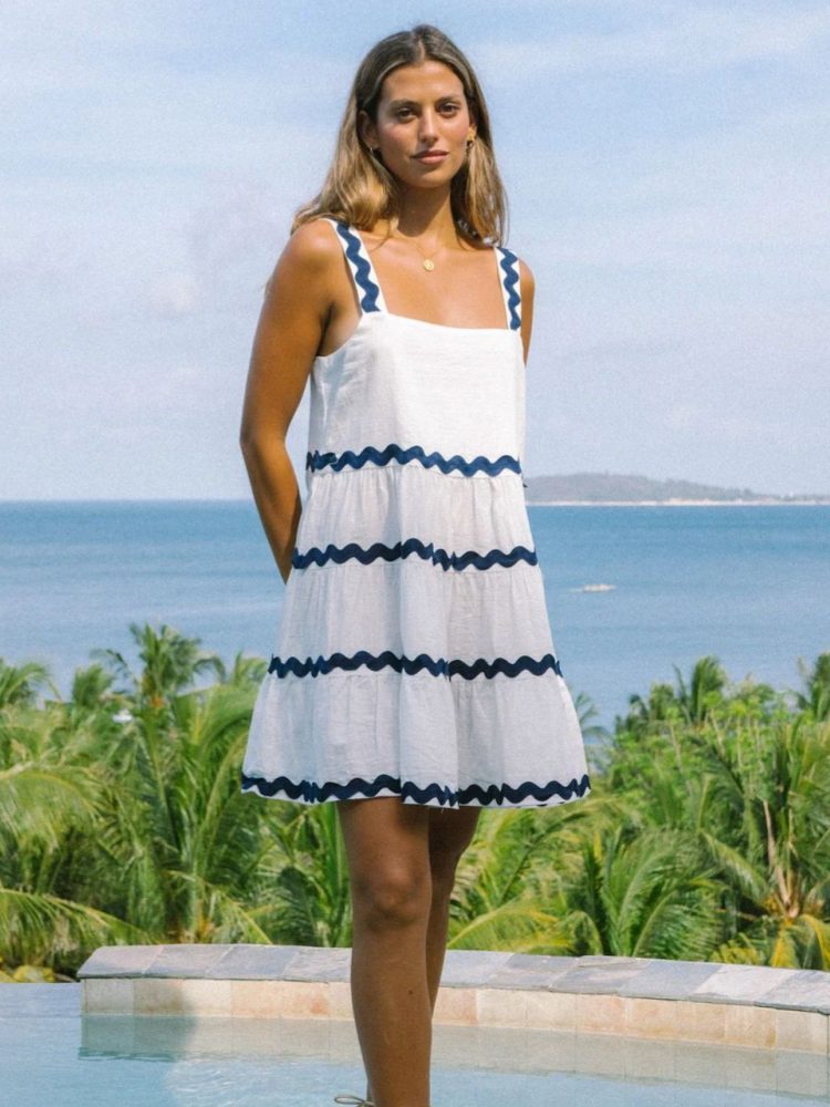 Square Neck Tiered Ric Rac Trim A-Line Babydoll Mini Dress 10