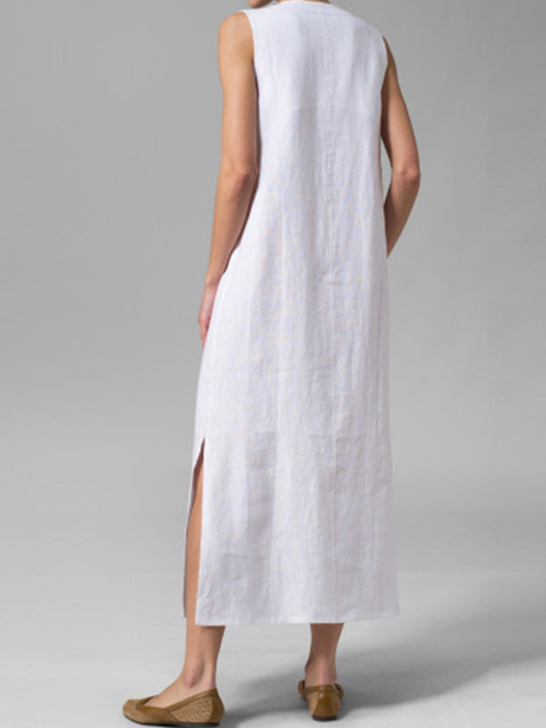 Sleeveless Notched Collar Button Front Linen Maxi Dress with Side Slits 7