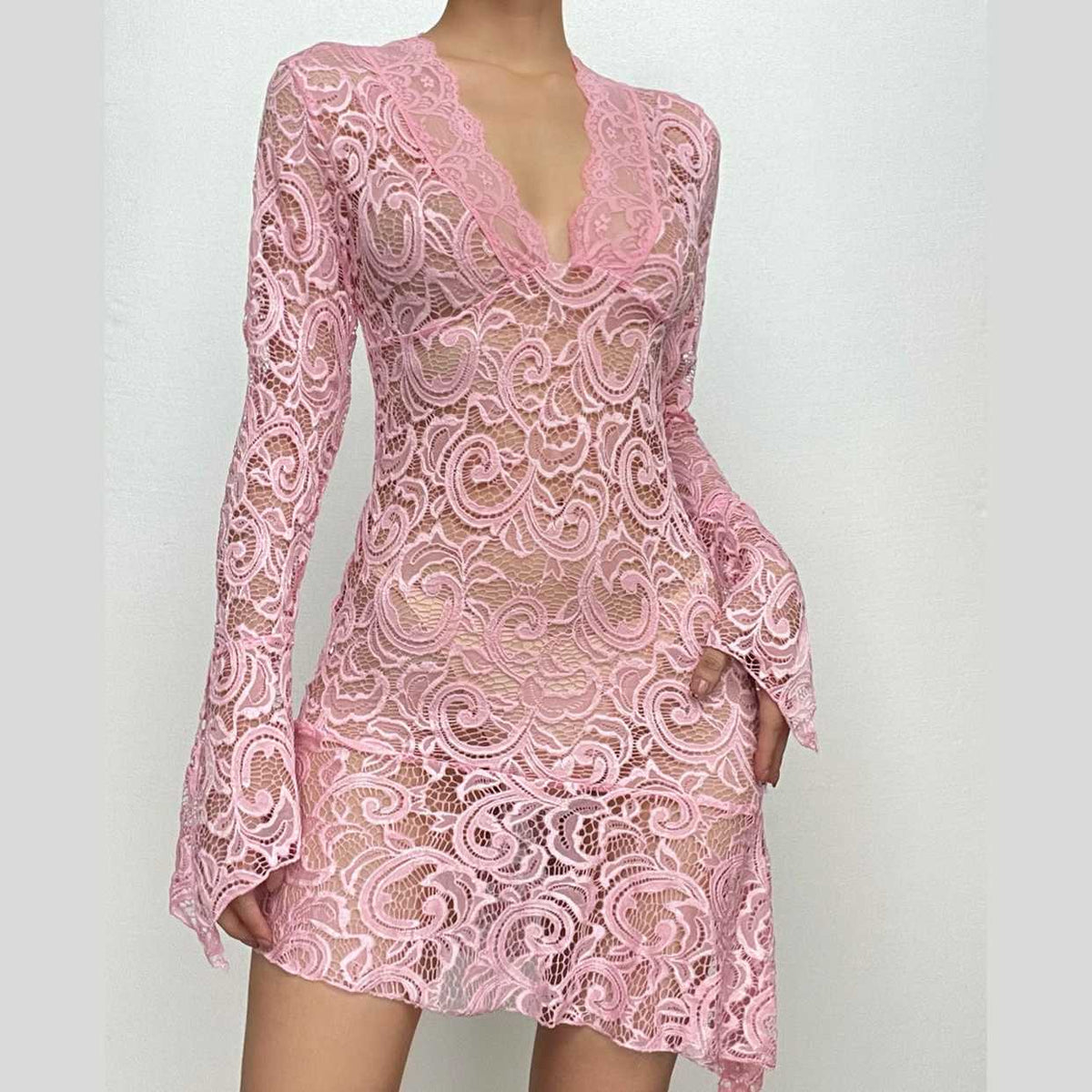 Floral Lace Bell Sleeve Handkerchief Hem V-Neck Mini Dress 4