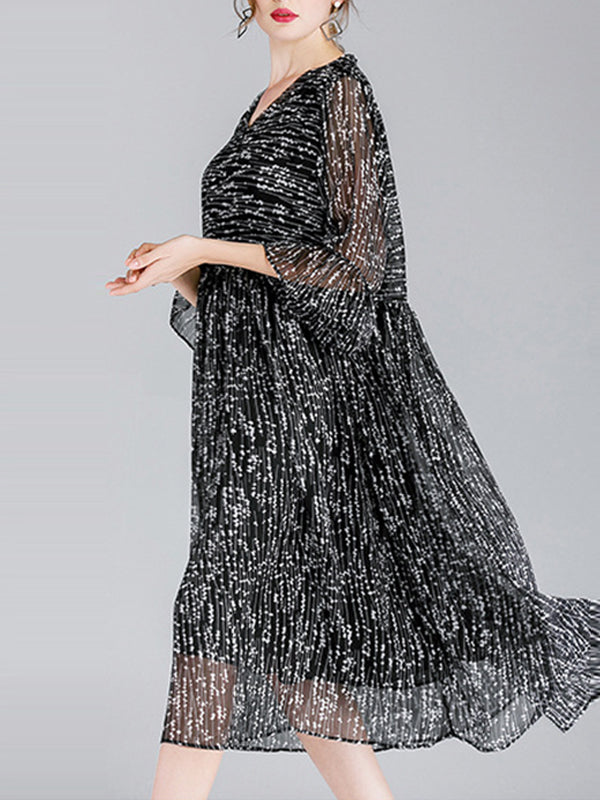 V-Neck Tiered Bell Cuff Empire Waist Pleated Dotted Midi Dress 6