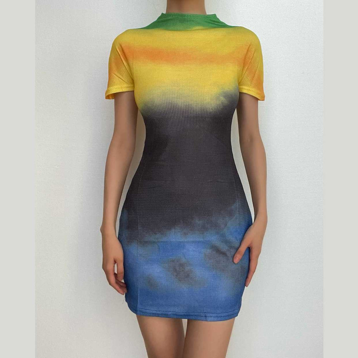 Ribbed Knit Tie Dye Gradient Mock Neck Short Sleeve Mini Dress
