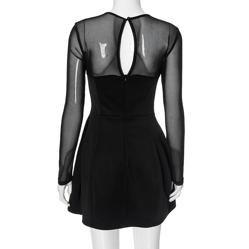 Mock Neck Mesh Yoke Long Sleeve Flared Mini Dress 7