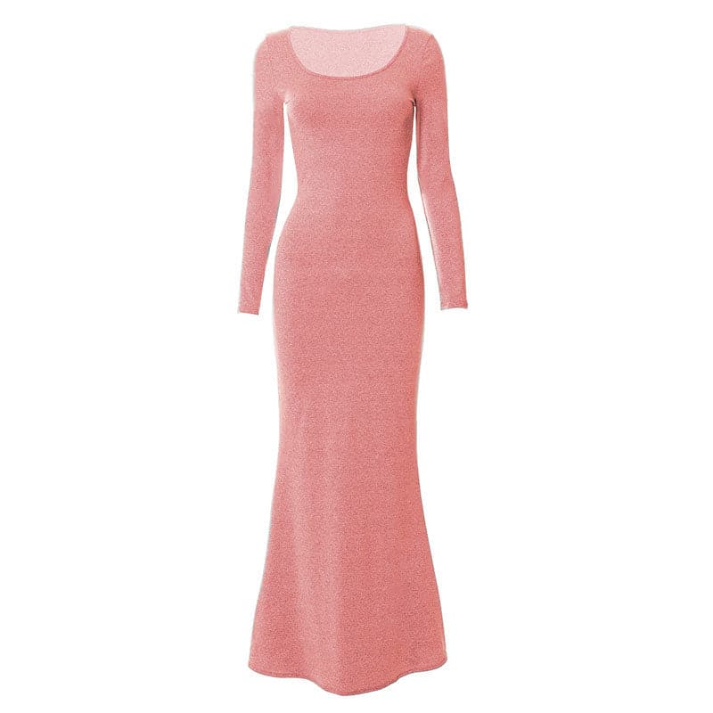 Scoop Neck Long Sleeve Mermaid Hem Knit Bodycon Maxi Dress 15