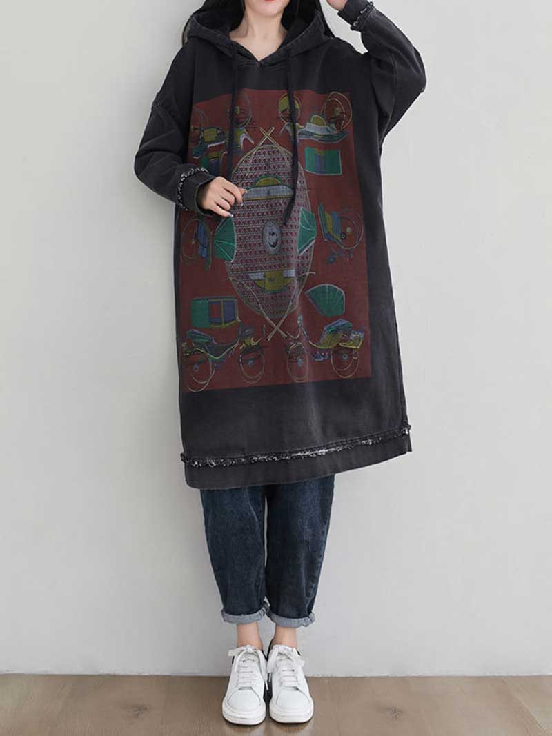 Hooded Drawstring Frayed Hem Graphic Print Oversized Sweatshirt Midi Dress 12