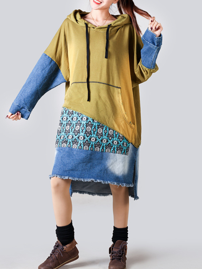 Hooded Long Sleeve Patchwork Denim Jersey Mixed Media High Low Midi Dress