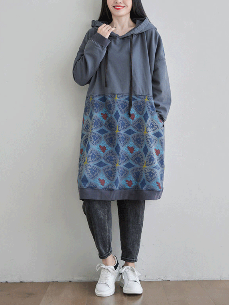 Hooded Kangaroo Pocket Geometric Print Oversized Mini Sweatshirt Dress 10