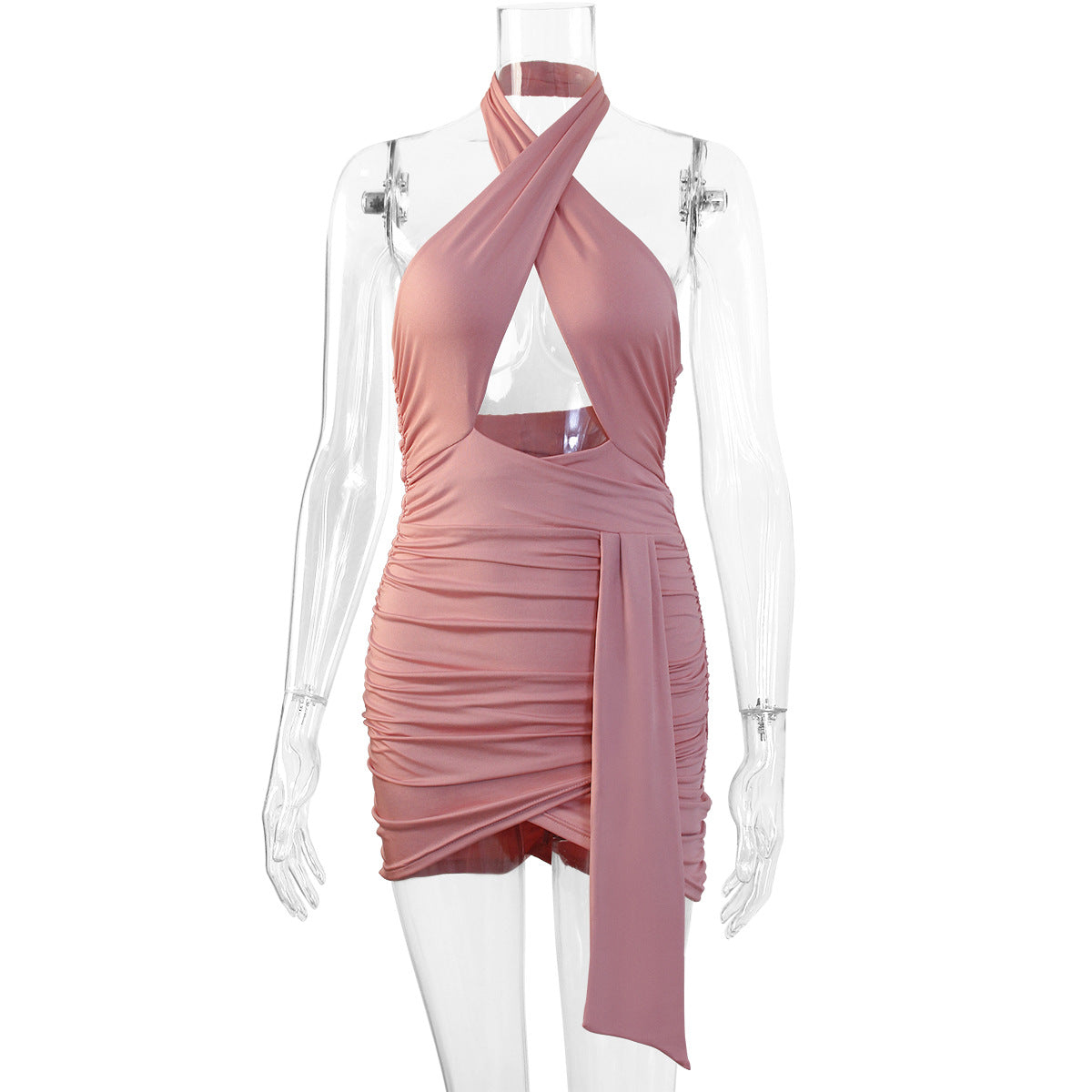 Criss Cross Halter Cutout Ruched Side Drape Mini Dress 7