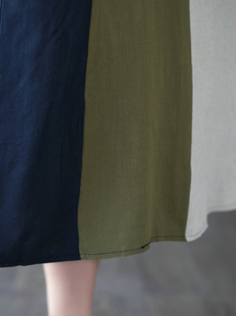 Round Neck Short Sleeve Color Block Panel Linen Midi Dress 6