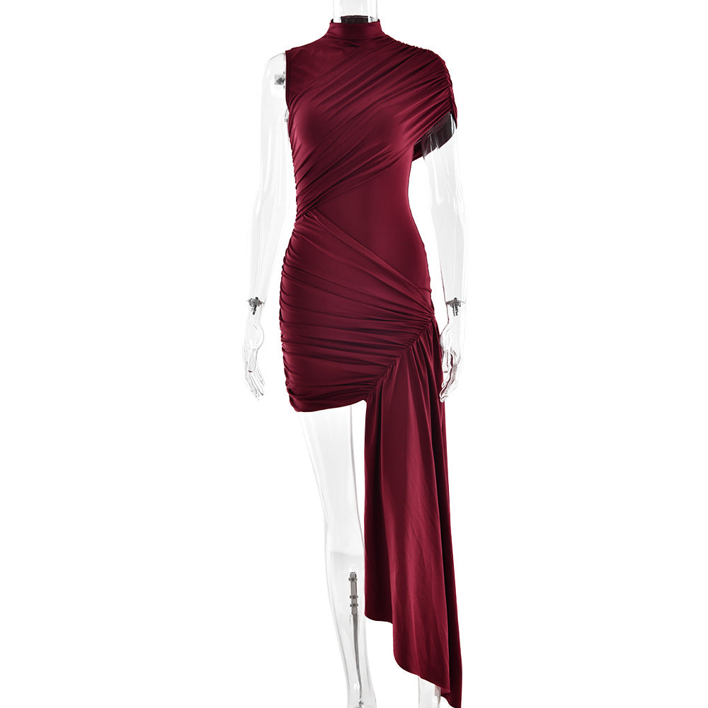 Mock Neck Asymmetric Drape Ruched Mini Dress 6