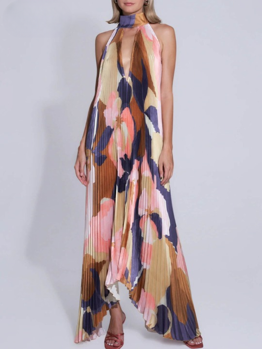 Halter Neck Plunging V Accordion Pleat Abstract Print Maxi Dress 3