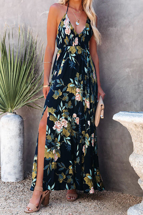 Halter Neck Smocked Waist Floral Print High Slit Maxi Dress