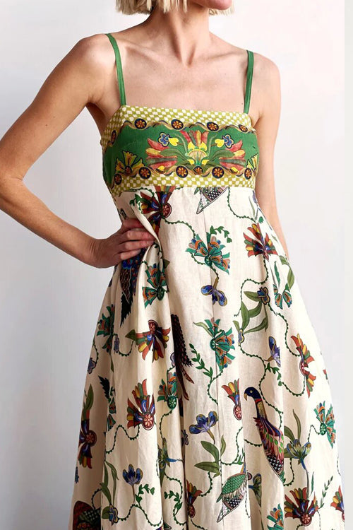 Spaghetti Strap Empire Waist Bird Botanical Border Print Pocket Maxi Dress 8