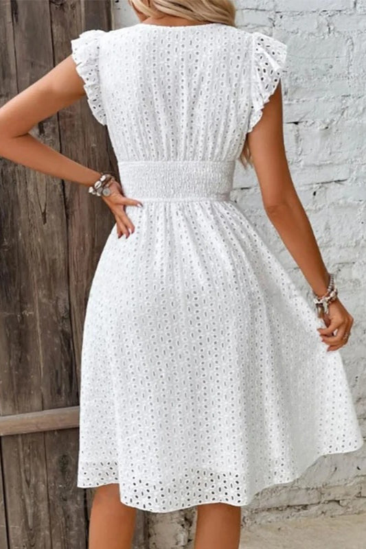 Eyelet Lace V-Neck Ruffle Cap Sleeve Smocked Waist A-Line Midi Dress 3