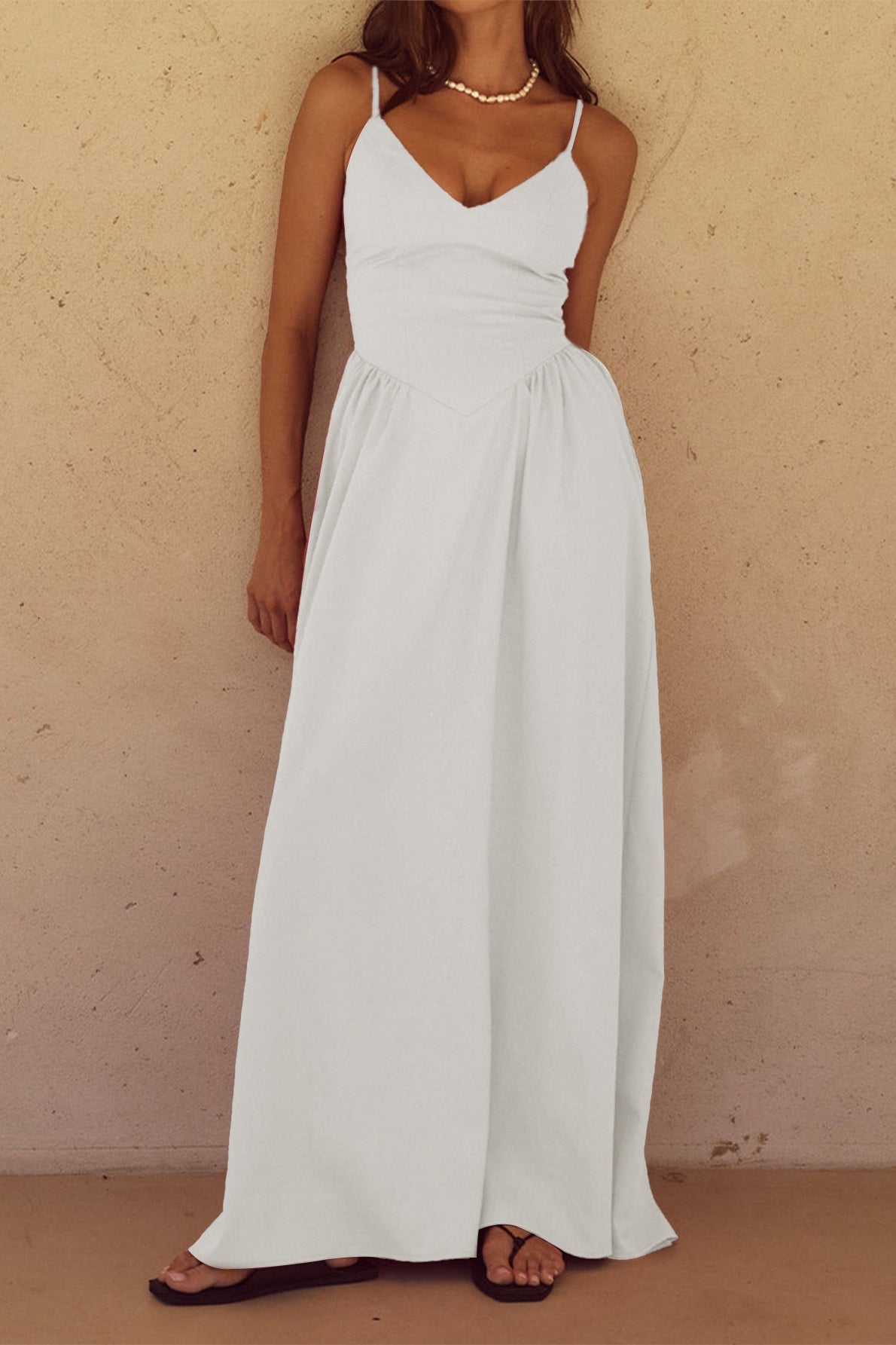Ivory Spaghetti Strap V Neck Basque Waist Pocket Maxi Dress 3