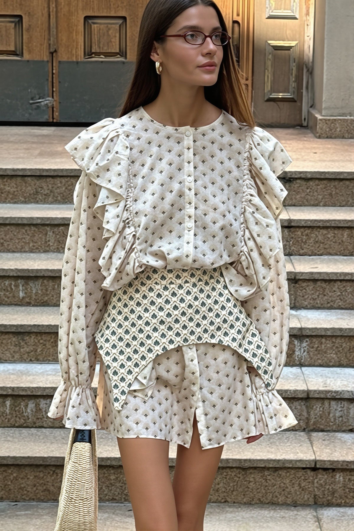 Diamond Print Ruffle Flare Sleeve Button Front Tiered Mini Dress