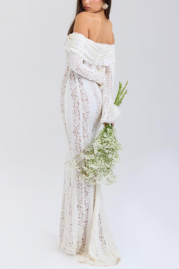 Floral Lace Off Shoulder Bell Sleeve Mermaid Maxi Dress 8