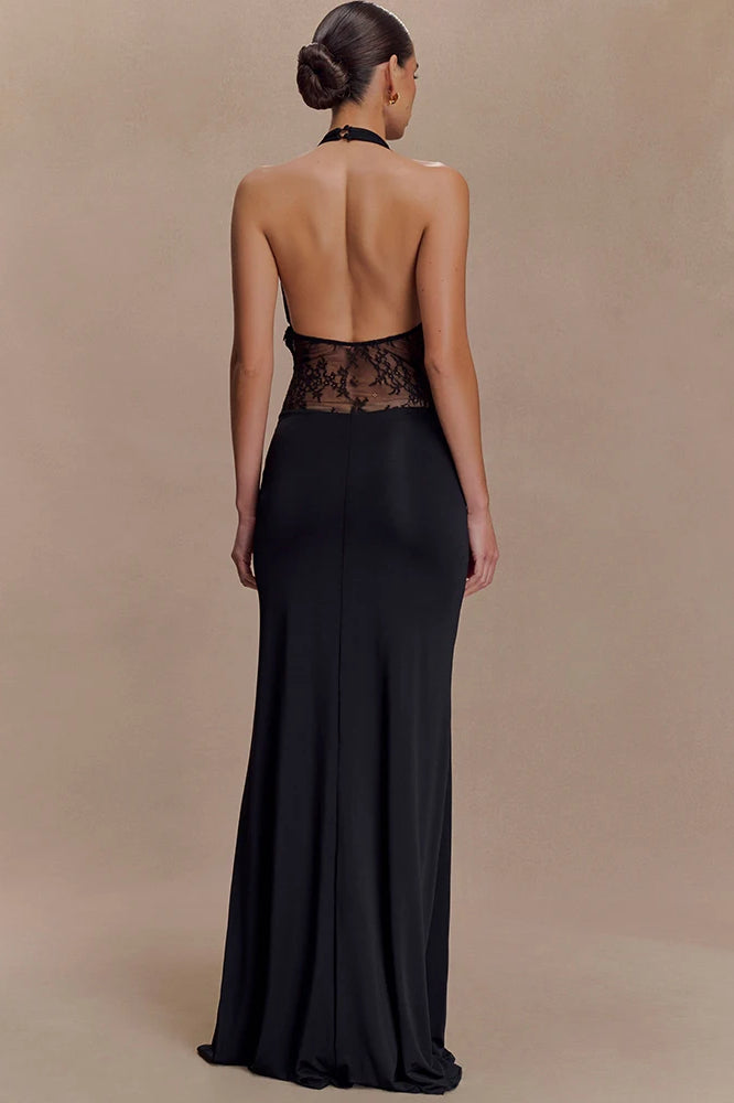 Halter Plunging V-Neck Lace Panel Ruched Drape Maxi Gown 3