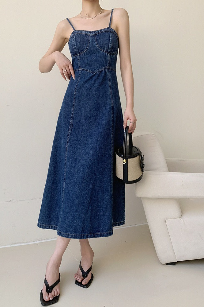 Denim Bustier Spaghetti Strap Panel Seam A-Line Midi Dress 8