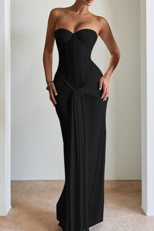 Sequin Strapless Corset Sweetheart Draped Knot Waist Formal Maxi Gown 5