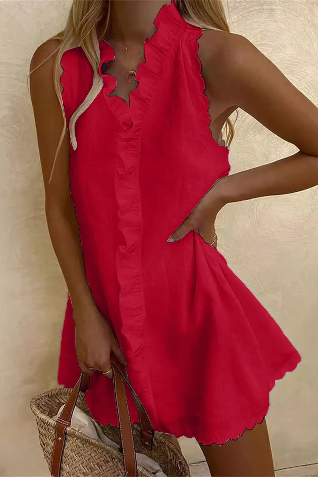 Sleeveless Ruffle Trim V-Neck Scalloped Hem Linen Blend Mini Dress 4