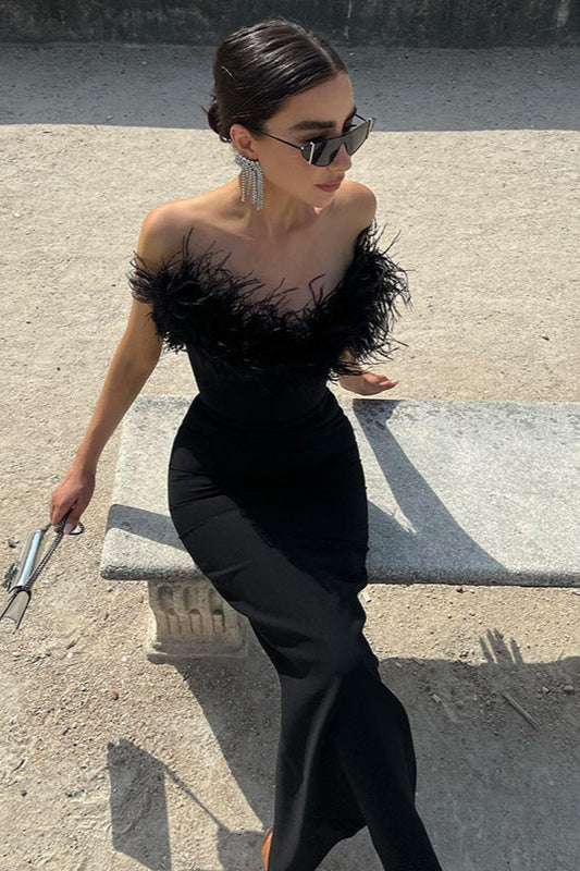 Feather Trim Strapless Bodycon Midi Dress