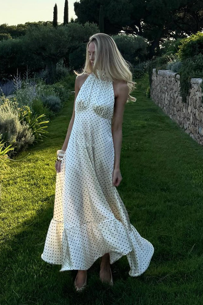 Polka Dot Satin Halter Ruffled Neck Tiered Ruffle Hem Maxi Dress 2